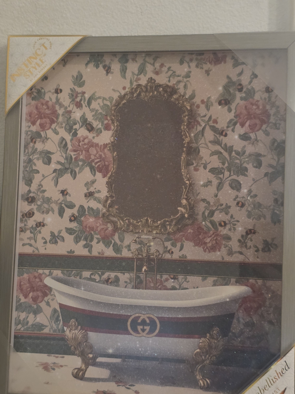 Source Unknown Gold Framed Floral Bath Art with Pink Roses and Green Leaves